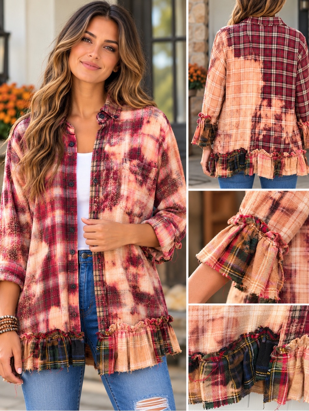 Upcycled Plaid Flannel Ruffle Hem Boho Shacket Distressed